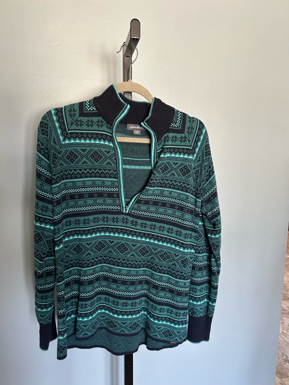 Eddie Bauer Teal and Black Fair Isle Zip-Up Sweater